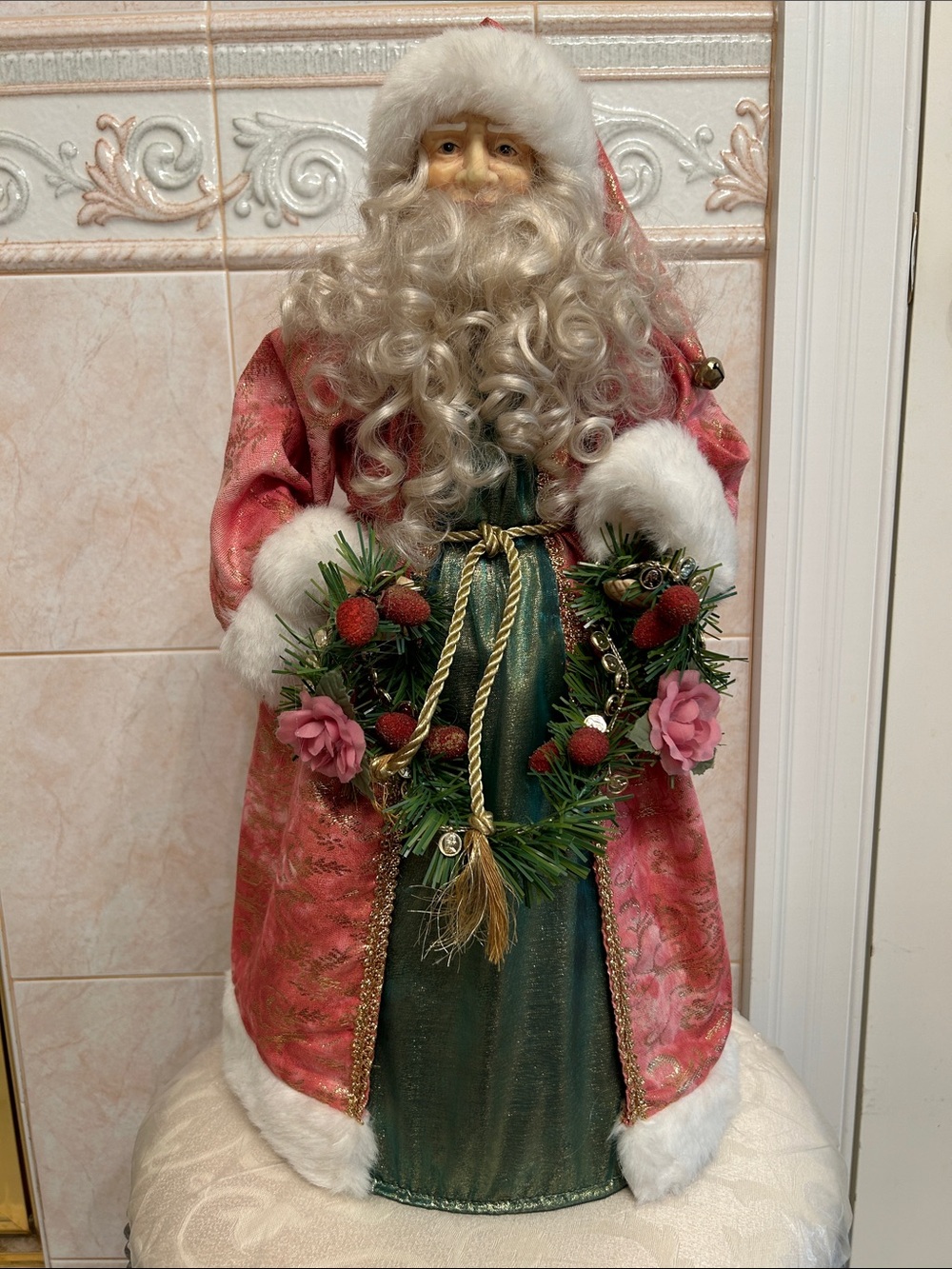Festive Santa Doll in Pink Coat with Green Gown